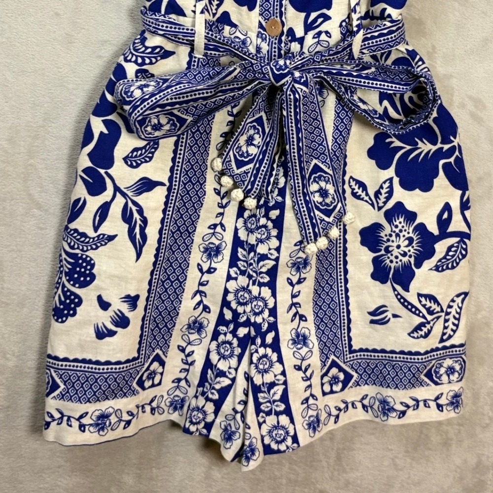 Rachel Zoe Blue and White Floral Print Tie-Waist Romper - Picture 6 of 10
